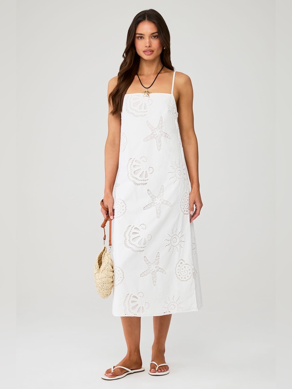 Maude Club Ciel White Eyelet Shell Midi Cotton Embroidered Beach Dress NWT XS
